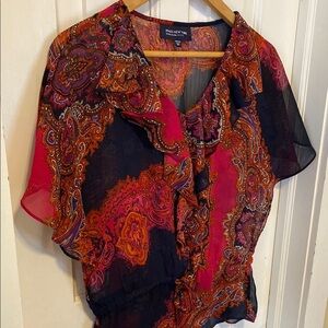Jones New York Petite Vibrant Paisley Sheer Blouse Pink Boho Ruffled Tie Shirt